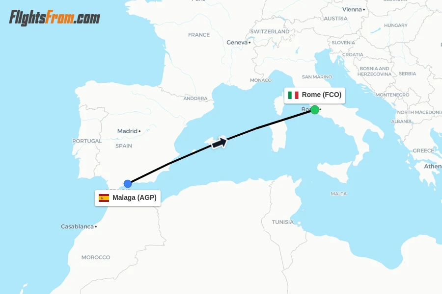 Flights from Malaga to Rome route map