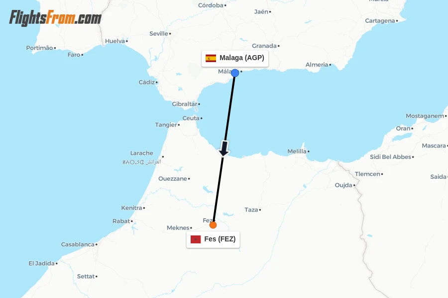 Flights from Malaga to Fes route map