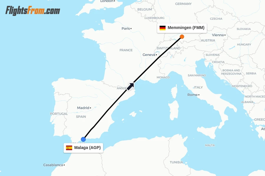 Flights from Malaga to Memmingen route map