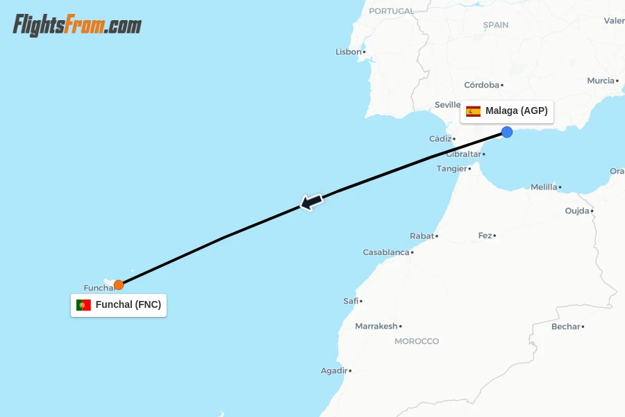 Flights from Malaga to Funchal route map