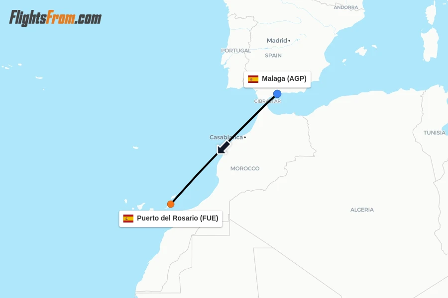 Flights from Malaga to Puerto del Rosario route map