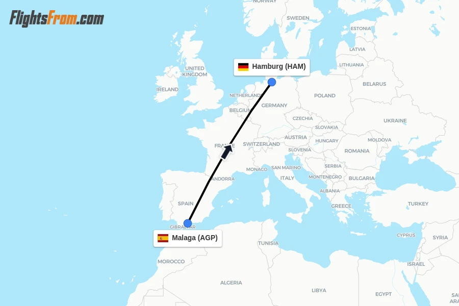 Flights from Malaga to Hamburg route map