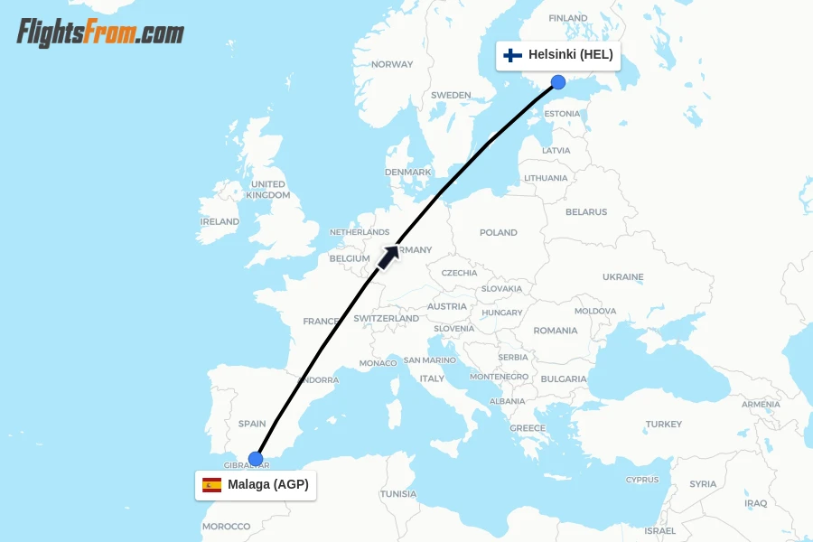 Flights from Malaga to Helsinki route map