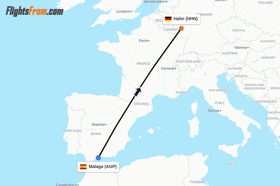 Flights from Malaga to Hahn route map