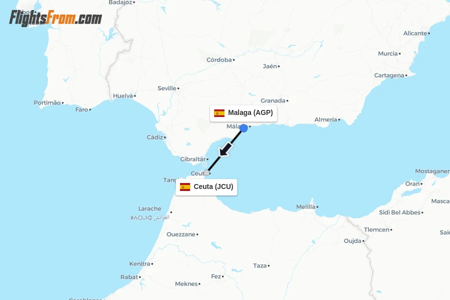 Flights from Malaga to Ceuta route map