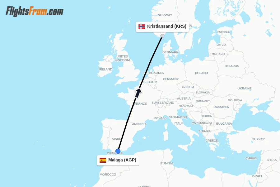 Flights from Malaga to Kristiansand route map