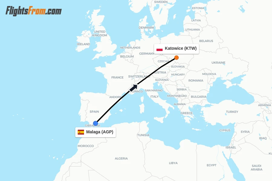 Flights from Malaga to Katowice route map