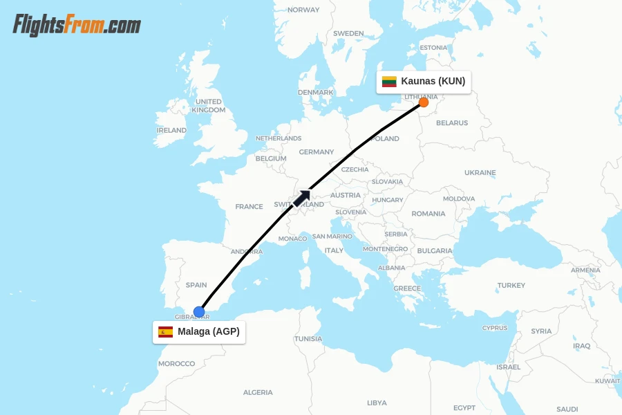 Flights from Malaga to Kaunas route map