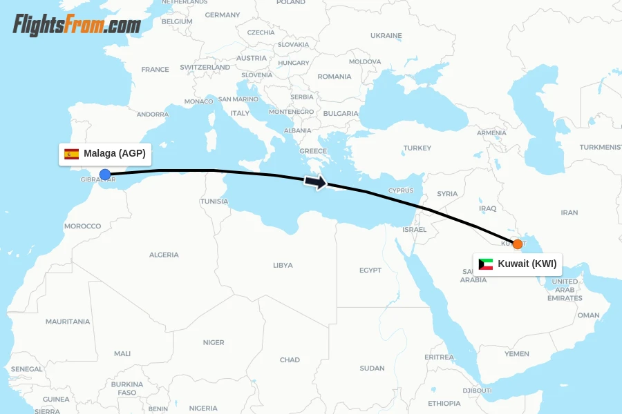 Flights from Malaga to Kuwait route map