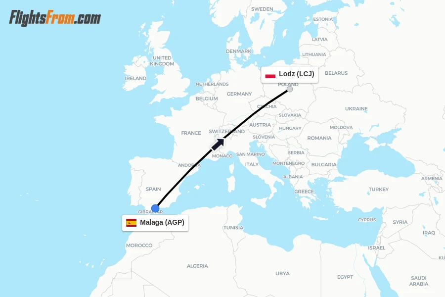 Flights from Malaga to Lodz route map