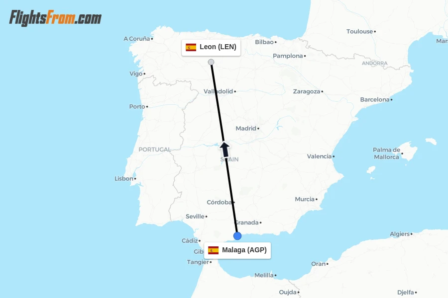 Flights from Malaga to Leon route map