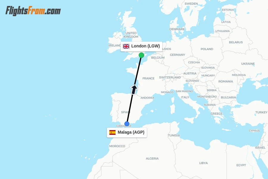 Flights from Malaga to London route map