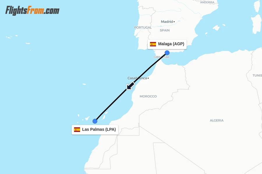 Flights from Malaga to Las Palmas route map