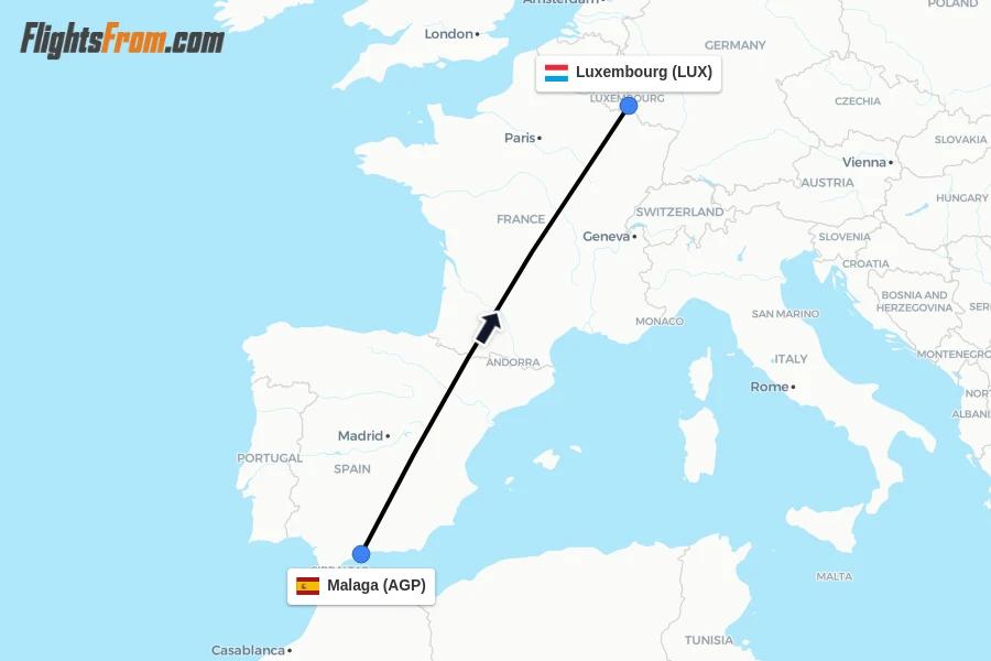 Flights from Malaga to Luxembourg route map