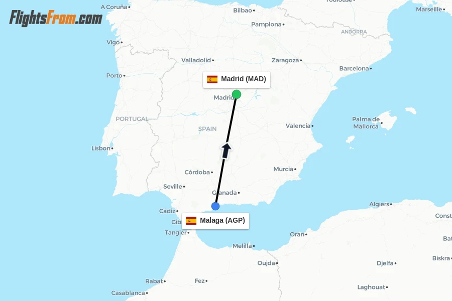 Flights from Malaga to Madrid route map