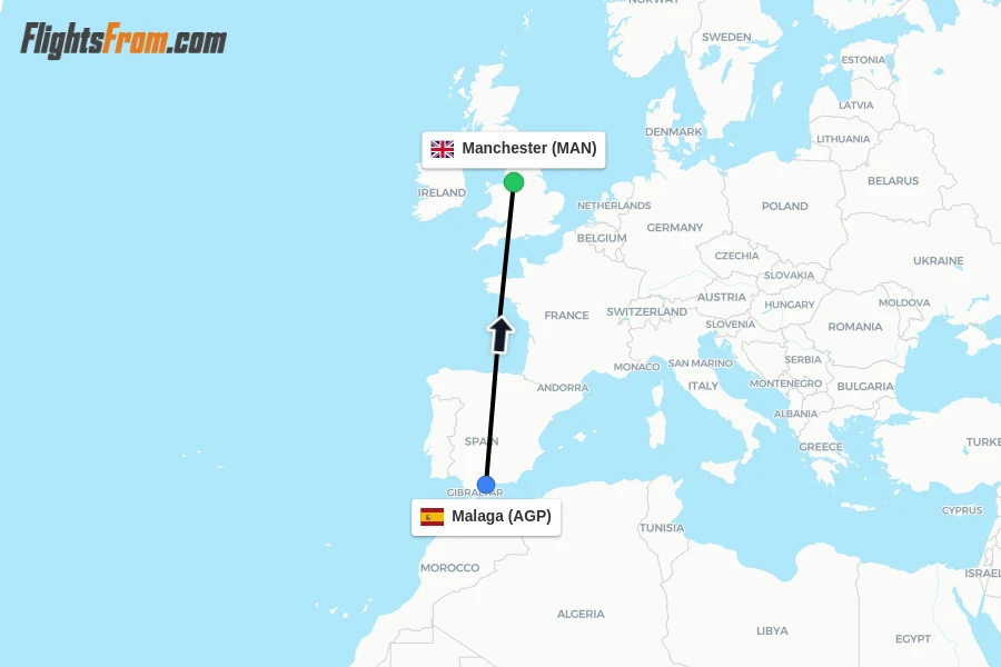 Flights from Malaga to Manchester route map