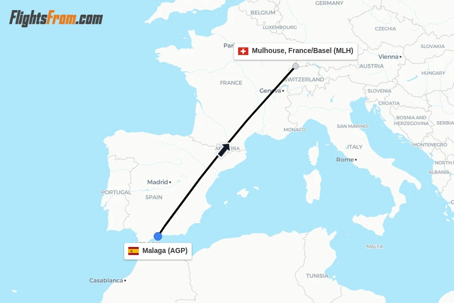 Flights from Malaga to Mulhouse, France/Basel route map