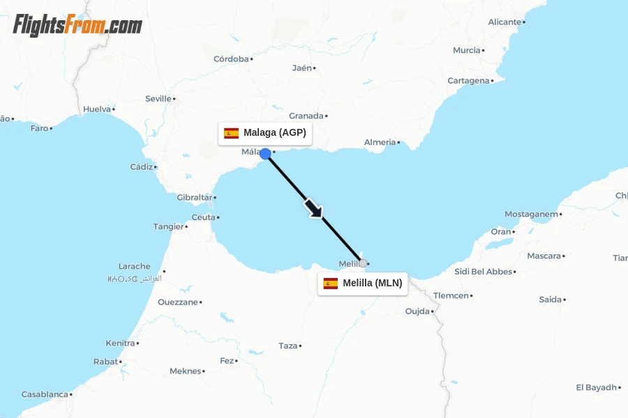Flights from Malaga to Melilla route map