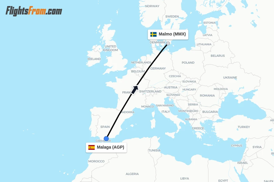 Flights from Malaga to Malmo route map