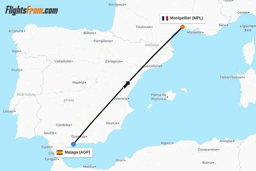 Flights from Malaga to Montpellier route map