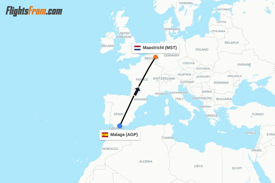 Flights from Malaga to Maastricht route map