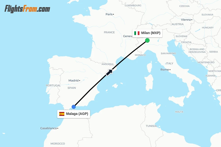 Flights from Malaga to Milan route map