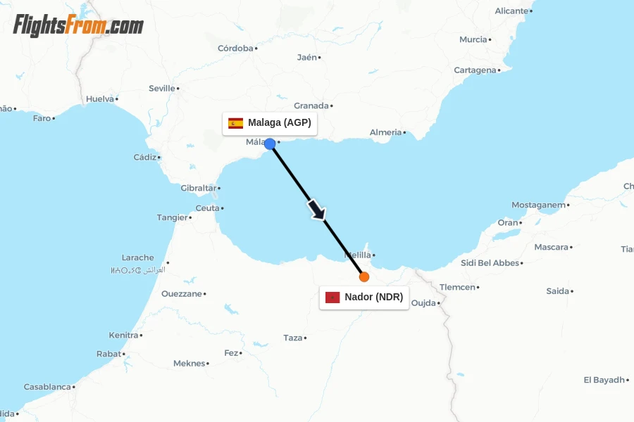 Flights from Malaga to Nador route map