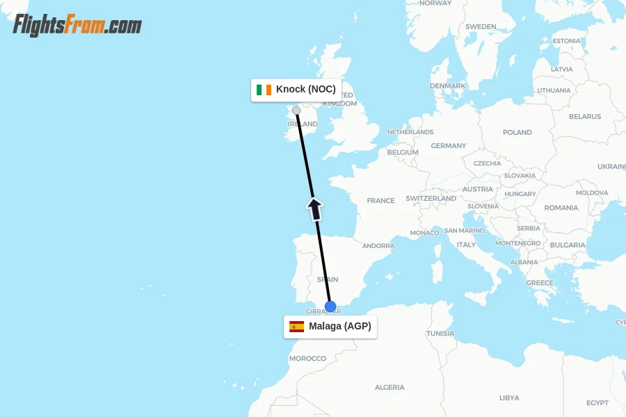 Flights from Malaga to Knock route map
