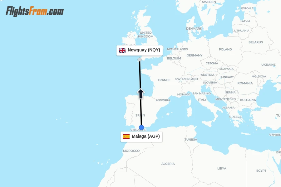 Flights from Malaga to Newquay route map