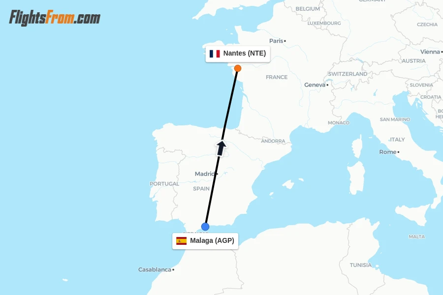 Flights from Malaga to Nantes route map