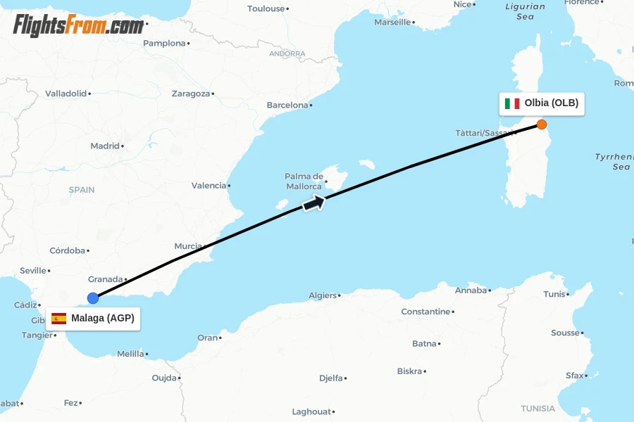 Flights from Malaga to Olbia route map