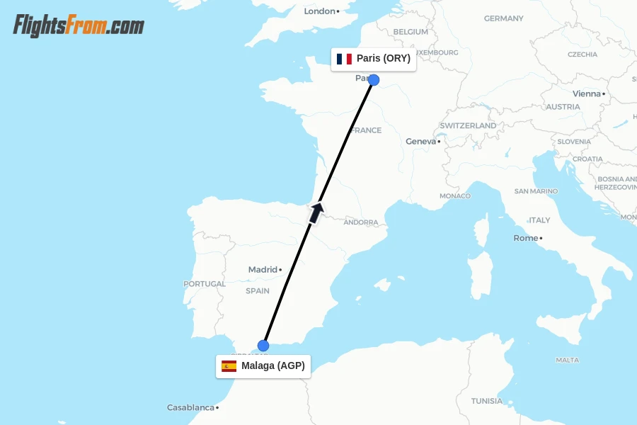 Flights from Malaga to Paris route map