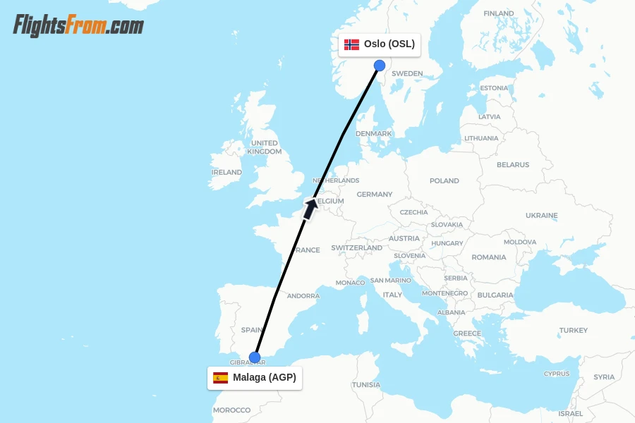 Flights from Malaga to Oslo route map