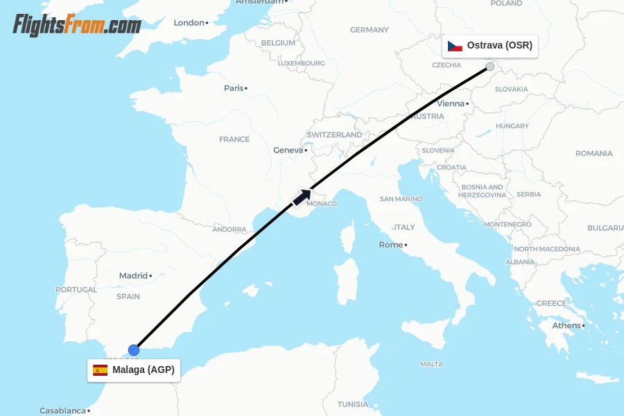 Flights from Malaga to Ostrava route map