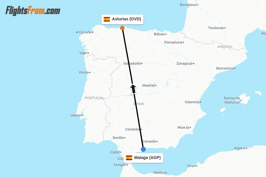 Flights from Malaga to Asturias route map