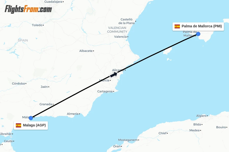 Flights from Malaga to Palma de Mallorca route map