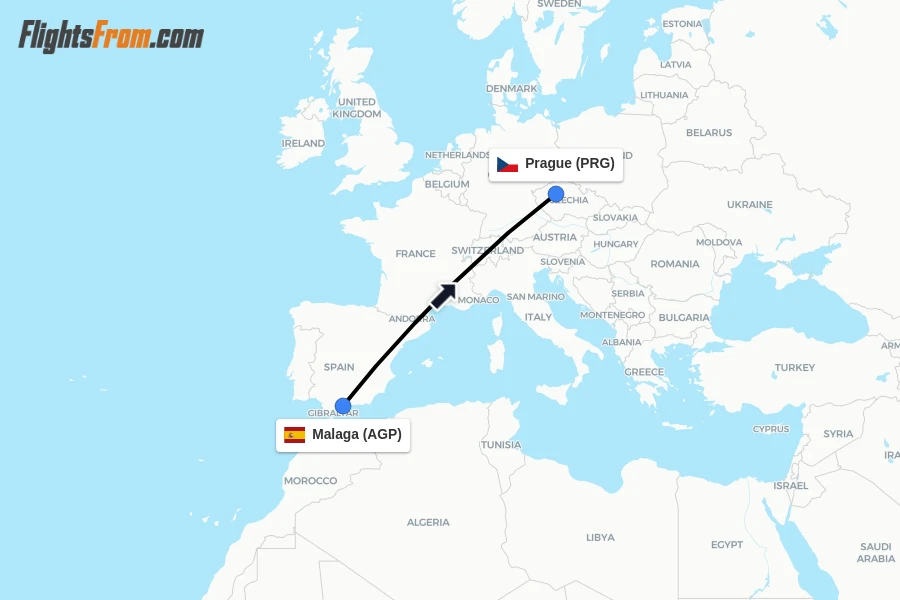 Flights from Malaga to Prague route map