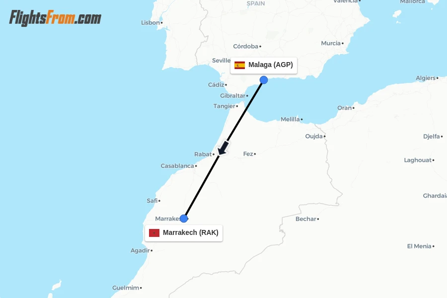 Flights from Malaga to Marrakech route map