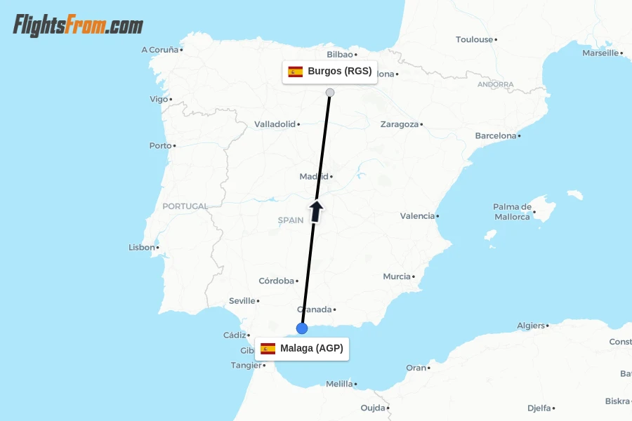Flights from Malaga to Burgos route map
