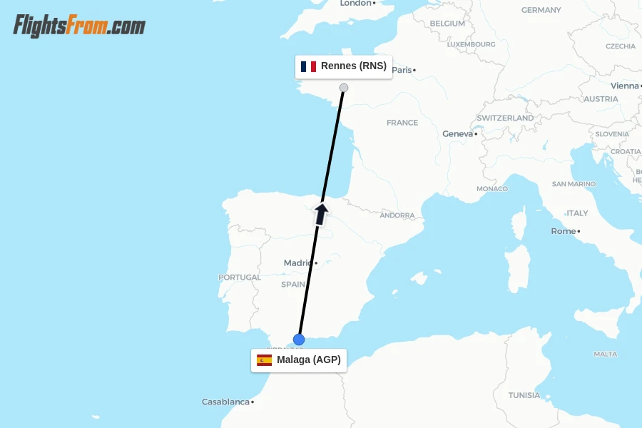 Flights from Malaga to Rennes route map