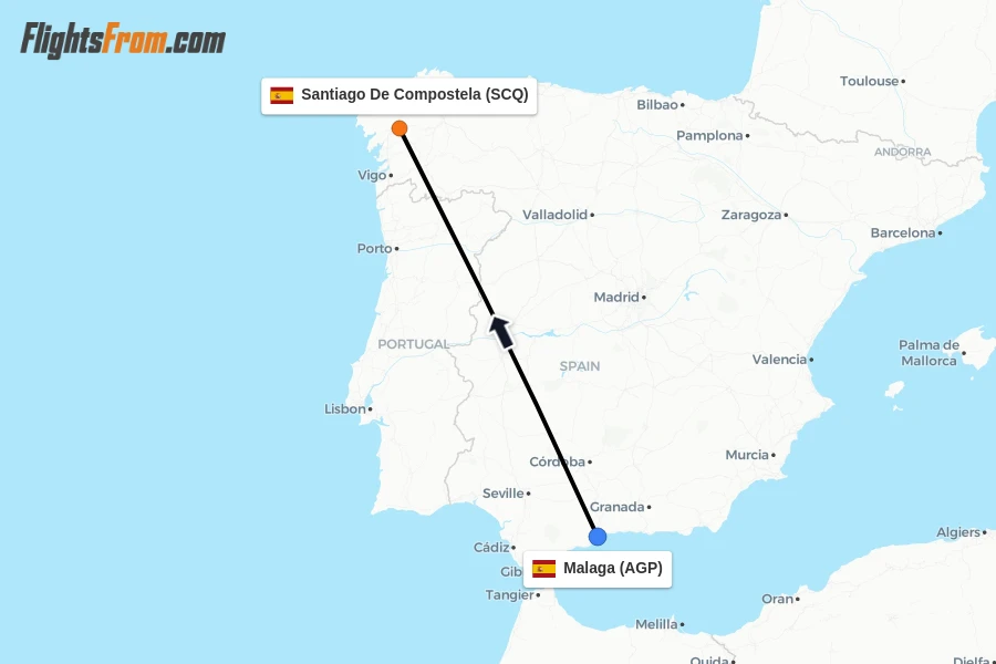 Flights from Malaga to Santiago De Compostela route map