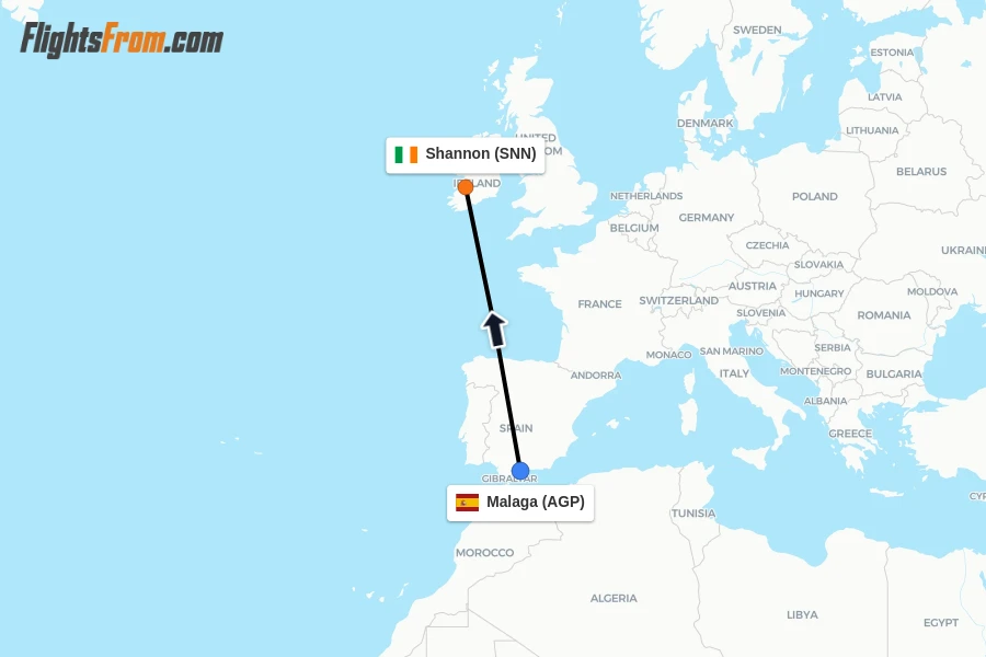 Flights from Malaga to Shannon route map