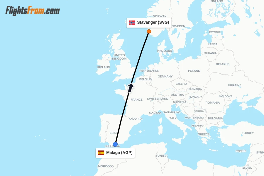 Flights from Malaga to Stavanger route map