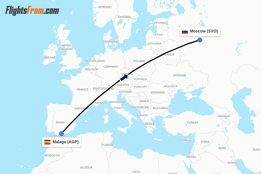 Flights from Malaga to Moscow route map