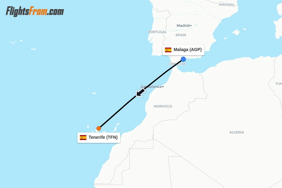 Flights from Malaga to Tenerife route map