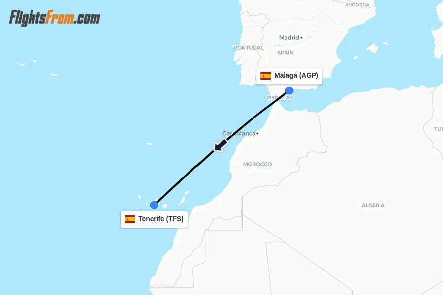 Flights from Malaga to Tenerife route map