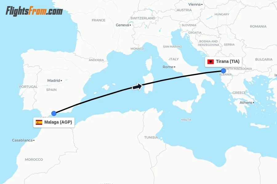 Flights from Malaga to Tirana route map