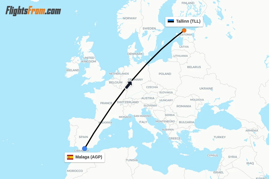 Flights from Malaga to Tallinn route map