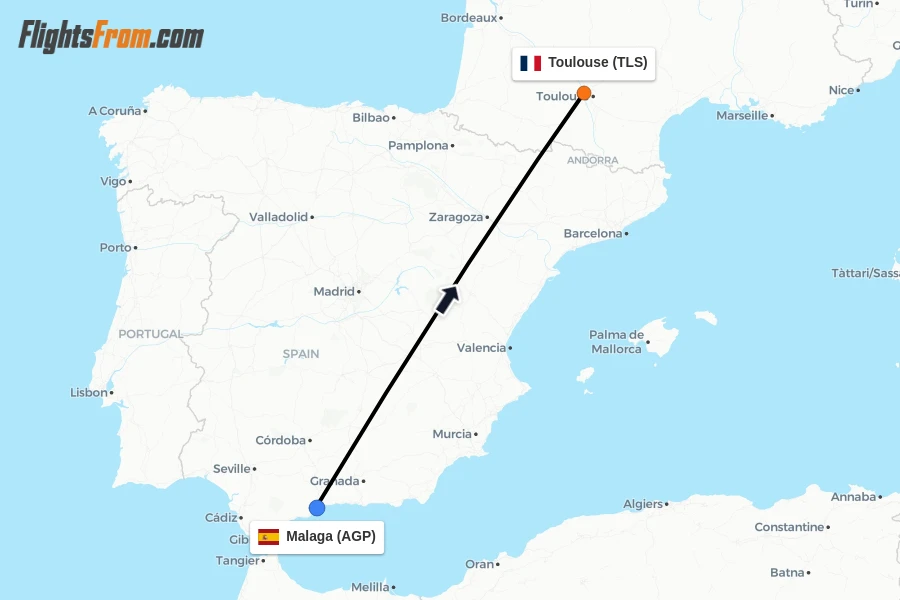Flights from Malaga to Toulouse route map