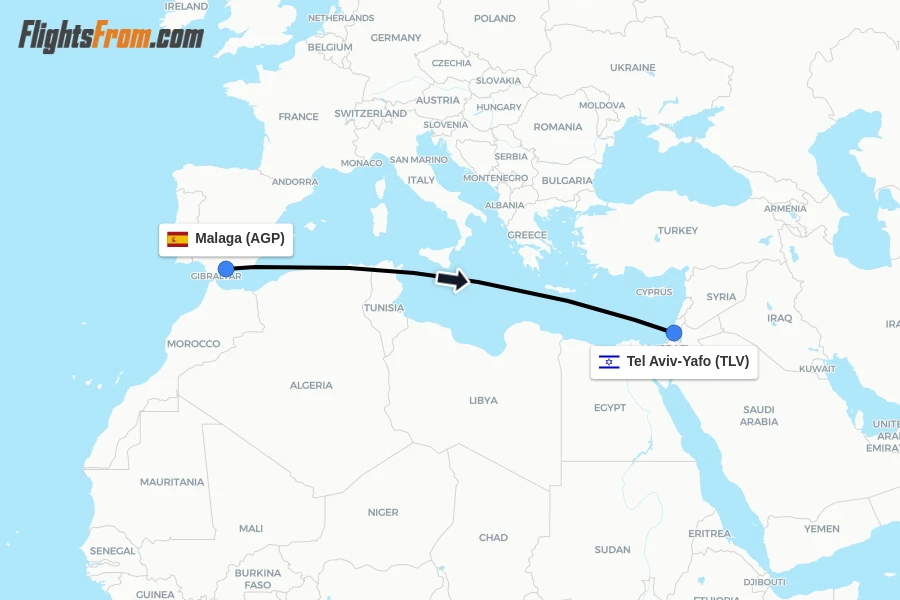Flights from Malaga to Tel Aviv-Yafo route map